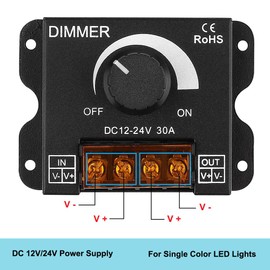 KEYGMA LED Strip Light Dimmer, DC 12-24V 30A PWM Knob Dimmer for Single Color LED Strip Lights, Wall Mounted, Black (1 Pack)