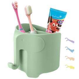 Hippywell Elephant Kids Toothbrush Holder for Bathroom, Suction Cup Electric Toothbrush and Toothpaste Holder for Toddler, 3 Slots with Hanging Towels or Bath Ball, Rapid Drying Sink, Green