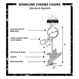 Aqua79 Hummingbird Keychain - Silver 3D Sparkly Bird Charm Rhinestones, Fashionable and Stylish Metal Alloy Bird Keychain with Silver Clasp Key Ring Bling Crystal for Bag, Handbag, Purse, 1.75 Inch
