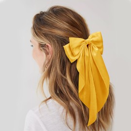 Big Hair Bows for Women Gold Yellow Silky Satin Hair Bow Hair Clips Long Tail Cute Hair Ribbon Coquette Bows Hair Barrettes for Girls