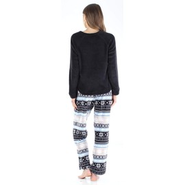 PajamaMania Women's Fleece Long Sleeve Pajama PJ Set, Charcoal Fair Isle, Medium