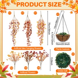 Glitinsel 2 Sets Fall Artificial Fake Silk Hanging Flowers Plants Baskets No Fade Artificial Flowers Mums Autumn Plants for Home Outside Porch Garden Yard Patio Decor (Warm Colors)