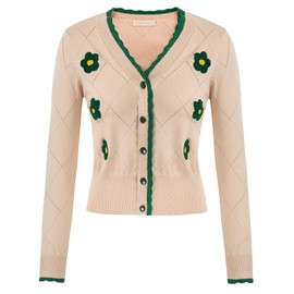 Women's 1950s Pin Up Vintage Embroidery Cardigan Sweater Coat Khaki Size XL