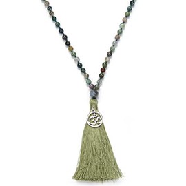 108 Mala Beads Tassel Necklace-Calming Meditation Spiritual Mala Necklace Gift-Healing Grounding Spiritual OM Necklace (Indian Agate)