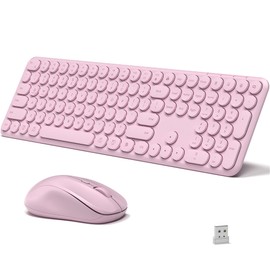 KEQTFT Wireless Keyboard and Mouse Combo, 110 Round Quiet Keys, Adjustable Optical Mouse, Share 1xUSB Receiver, Power Switch, for Windows Mac(Pink)