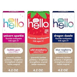 Hello Kids Fluoride Variety Pack, Includes a Strawberry, Unicorn Bubble Gum, and Blue Raspberry Toothpaste, Safe for Ages 2 and Up, 3 Pack, 4.2 Oz Eac