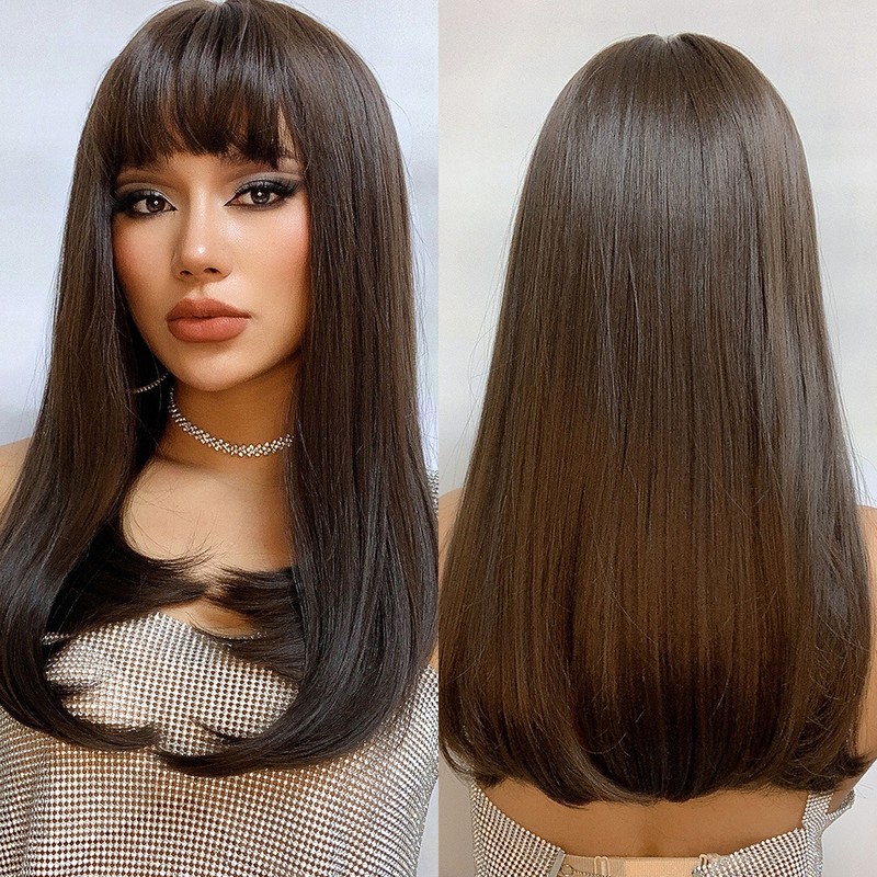 Long Black Wig Human Hair with Bangs and Wig Cap