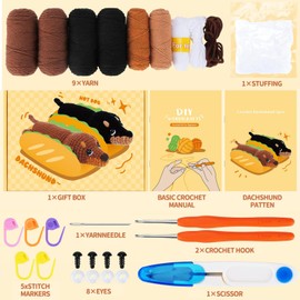 ELLECILA Crochet Kit for Beginners: 2 Packs Complete Dachshund Dog Crochet with Yarn Hooks Needles, Step-by-Step Video Learn to Crochet Starter Kit Tutorials, Crochet for Adults Kids (Brown Black)