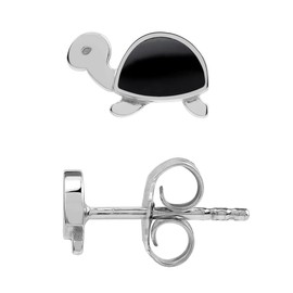 Silvershake Petite Natural Black Onyx Stone Inlay White Gold Plated 925 Sterling Silver Minimalist Turtle Sealife Casual Stud Earrings Jewelry for Women or Teens, Small, Sterling Silver Rhodium (White