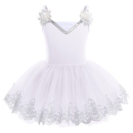 Ballet Leotard For Girls Camisole Tutu Skirts Shiny Sequin Flower Embroidery Dance Dress Gymnastics Bodysuit Leotards Classic Basic Class Training Outfit Ballerina Dress Up Costume White 3-4 Years