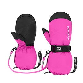 HIGHCAMP Kids Ski Mittens Waterproof Winter Snow Gloves with Zipper and String on Long Cuff for Toddler Boys Girls -Rosa,XS (2-3 Y)