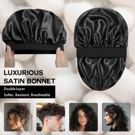 Doitory Satin Bonnet Silk Bonnet for Sleeping, Double Layer Silk Sleep Cap for Men & Women, Soft Satin Lined Bonnet for Natural & Curly Hair(Black)