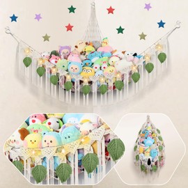 82.7x59x59 Inch Jumbo Stuffed Animal Storage Hammock Corner, Cream Macrame Green Leaf Hanging Stuffed Animal Net Organizer for Stuffy Plushie, Boho Toy Hammock Holder w/LED Light for Boy Girl Gift