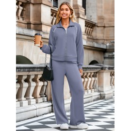 Glamaker Womens 2 Piece Sweat Sets Casual Comfy Long Sleeve Zip Up Wide Leg Sweatpants Jogger Sets Athletic Track Suits Travel Outfits Blue Purple M
