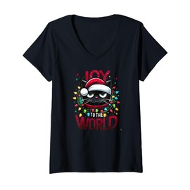 Womens Funny Christmas Black Cat Joy to The World V-Neck T-Shirt