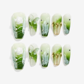 Sun&Beam Nails Handmade Press On Nail Long Coffin Ballerina Green Flower Acrylic Fake Tip 3D Design Art Charms Cute with Storage Box 10 Pcs (#09 3D Flower | Green S)
