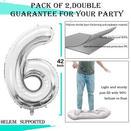 GOER 2 Pcs 42 Inch Silver Foil Balloons Number 6,Huge Number Balloons for 6th 66th Birthday Party Supplies Anniversary Decorations
