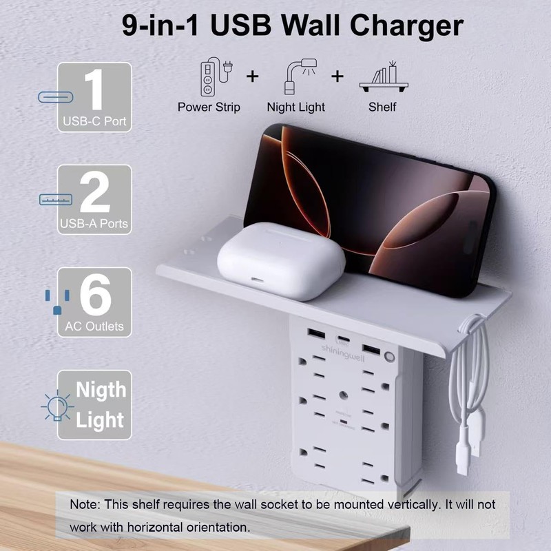 shiningwell Wall Outlet Extender with Shelf and Night Light, Surge
