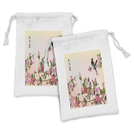 Lunarable Cherry Blossom Fabric Pouch Set of 2, Japanese Culture Themed Floral Sakura Branches and Birds Image, Small Drawstring Bag for Toiletries Masks and Favors, 9" x 6", Multicolor