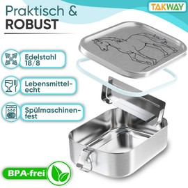 TAKWAY Children's Stainless Steel Lunch Box with Compartments, 800 ml, Leakproof Bento Box, Adjustable, Snack Box, Lunch Box, Nursery, School (Horse, Divider)
