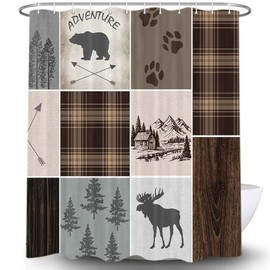 Rustic Cabin Shower Curtain, Retro Bear Deer Country Hunting Wild Animal Lodge Fabric Decor Bath Curtains, Plaid Check Adventure Bathroom Curtain with Hooks Polyester, 69X70Inch