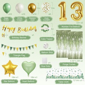 Sage Green 13th Birthday Decorations for Girls, Happy 13th Birthday Decorations for Her Green Gold Balloons Foil Balloons Happy Birthday Banner Olive Neutral Birthday Party Supplies
