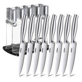 Aiheal Steak Knives Set of 8 with Clear Acrylic Stand, 4.5 Inch Stainless Steel Steak Knife Set, Sharp Micro-Serrated Steak Knives, Easy to Store