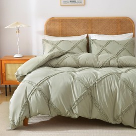 MILDLY Boho Duvet Cover Mist Sage - Tufted Geometric Textured King Size Comforter Cover Set with Corner Ties & Zipper Closure