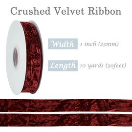 RIBBOOO Wine Red Velvet Ribbon 1 inch x 10 Yards Luxury Crushed Velvet Ribbon for Bows Flower Bouquets Christmas Tree Ornaments Gift Wrapping Wreath Decoration Invitation Holiday Decor