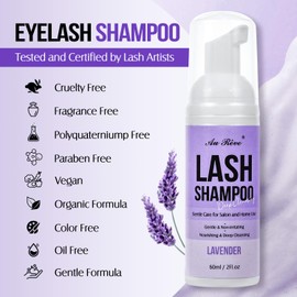 AuReve Lash Shampoo for Lash Extensions 60 Ml/2fl.oz Eyelash Extension Cleanser Oil Free Lash Cleanser for Eyelash Care, Gentle Foaming Eyelash Shampoo with Brush for Salon Home Care (Lavender 60ml)