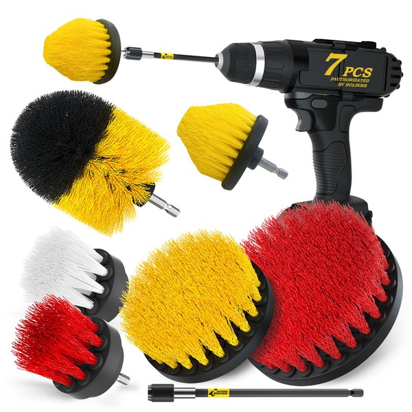 Holikme 7 Piece Drill Brush Attachments Set, Power Scrubber Brush with Extend Long Attachment，Cleaning Supplies，Scrub Brush，Shower Scrubber，Bathtub, Bathroom, Kitchen