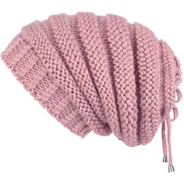 Lilax Cable Knit Slouchy Chunky Stripe Oversized Soft Warm Winter Beanie Hat Pink
