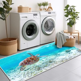 VANOVICH Coastal Runner Rug for Hallways,Sea Turtle Rug for Bedroom,Turle Bathroom Kitchen Runners Nautical Throw Rugs Washable Small Rug Non-Slip Low-Pile Floor Carpets for Entryway,Laundry,Blue