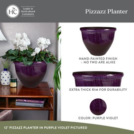 The HC Companies Pizzazz Decorative Round Flower Pots w/Ceramic Look - UV-Resistant Decorative Pot for Outdoor & Indoor Plant Pots - Modern Planter for Flower, Herbs (9” Purple Violet, Pack of 2)