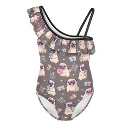 Psaytomey Gymnastics Leotards for Girls Pug Dog Lightweight Ruffle 1-Shoulder One Piece Swimsuits Adjustable Strap Kids Bathing Suits Athletic Swimwear