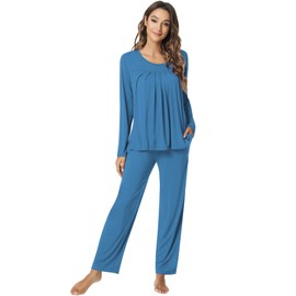 NACHILA Pajamas for Women-Viscose Made from Bamboo,Long Sleeve Pajama Sets Comfy Loungewear Pleated Pjs Prussian Blue S