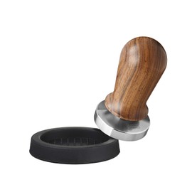 scarlet espresso Perfetto tamper for barista; calibrated to 35 lbs contact pressure; with aluminium or precious wood handle and precision stainless steel base (set: sandalwood - brown 54 mm & Puck)
