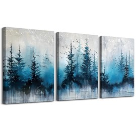 TTHYUEWS Boho Wall Art For Living Room Canvas Wall Decor For Bedroom Forest Landscape Wall Pictures Blue Tree Abstract Wall Paintings Artworks Ready To Hang Office Aesthetic Wall Decoration 3 Piece