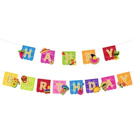 Whaline 2Pcs Mexican Fiesta Happy Birthday Banners Gold Glitter Pre-Strung Banners Cinco de Mayo Happy Birthday Banner Papel Picado Garland for Mexican Carnival Birthday Hanging Decor Party Supplies
