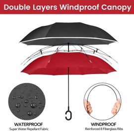 G4Free 62 Inch Large Reverse Umbrella with C-Shaped Handle, Windproof Upside Down Inverted Close Rain Umbrella with Reflective Strip for Women and Men (Black/Red)