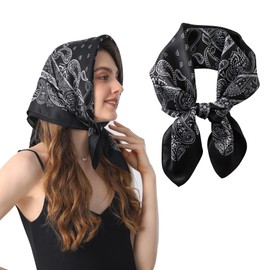 Silk Scarf for Women Mulberry Silk Scarf Head 27" Square Scarf Hair Wrap for Sleeping Elegant Beach Accessory (Black Cashew Flower)