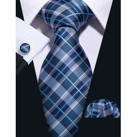 Barry.Wang - Conjunto de corbata a cuadros para hombre con gemelos de pañuelo a rayas clásicas, Cuadros azules dobles, Talla única