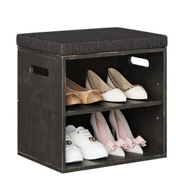Trironsun Bamboo Small Shoe Bench for Entryway 2 Tier Shoe Storage Bench with Cushion Adjustable Shoe Rack with Padded Seat for Living Room Hallway (Antique Black)