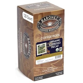 Baronet Coffee Organic ESE Espresso Pods - Decaf Roast - 120 Single Serve Espresso Pods - 7.2 Grams - Individually Wrapped for Freshness - Rich, Traditional Flavor