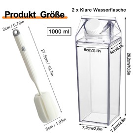 Pack of 2 Milk Carton Water Bottle, 1000 ml Clear Water Bottle, Reusable Square Milk Bottle, Transparent Milk Carton, Juice Container Bottle with Brush, for Camping, Activities
