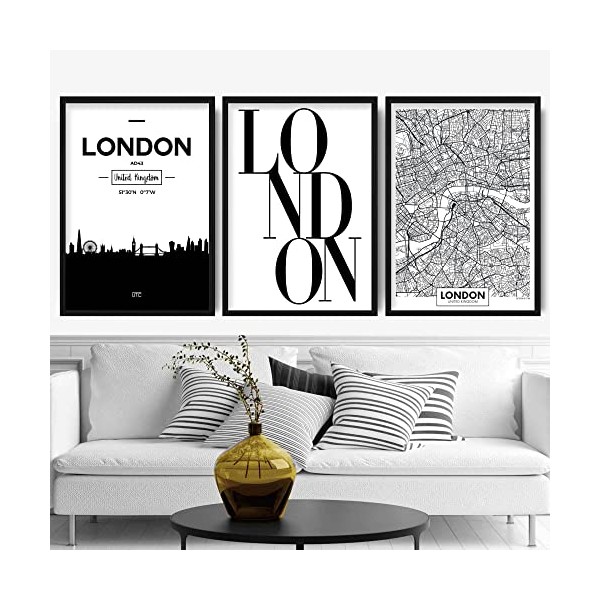 Artze Wall Art London Skyline Street Map City Prints 3-Piece Set, Black/White, 40 cm Width x 50 cm Height