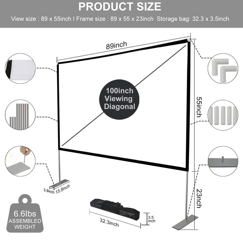 SKERELL Outdoor Projector Screen with Stand 100 Inch: Portable Projection