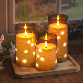 Flameless Candles,with Embedded Star String, Set of 3，Battery Operated Candles Flickering LED Pillar Candles with Remote Control and Timer, Home Decoration Creating an Atmosphere(D3×H4 5" 6")(Grey)