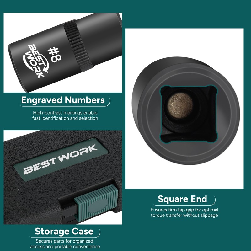 Bestwork 12pcs Magnetic Tap Socket Set, 1/4", 3/8" Square Drive