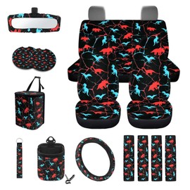 Wetoricau Dinosaur Pattern 15 Pcs Car Accessories Sets Steering Wheel Cover Vehicle Trash Can Air Vent Pouch Seat Belt Pad Coaster Rearview Mirror Cover Keychain